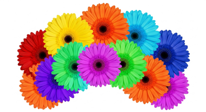 Vibrant Rainbow Gerbera Daisies Arranged in an Arc on a Clean White Background