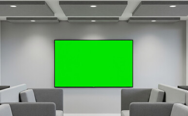 Empty Television Green Screen Mockup In Cozy Office Reception Area With Gray Chairs And Ceiling Panels