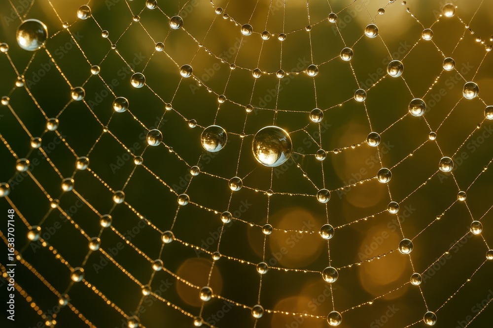 Wall mural close-up macro photography of dewdrops on spider web creating intricate natural geometric patterns w