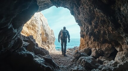 Man hiking in cave opening to ocean