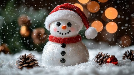 Festive snowman in snow with a red hat and scarf radiating Christmas spirit and cheerfulness.