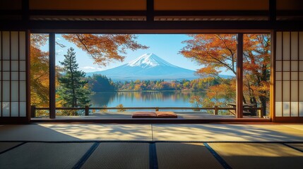 Japanese room with Mt. Fuji view. Autumn colors. Peaceful scene. Stock photo
