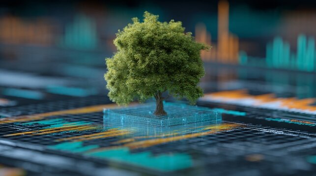 A small, vibrant tree stands on a glowing grid with a digital chart background