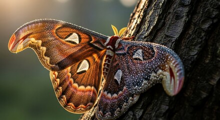 Majestic Atlas Moth with Dewdrops on Wings Rests on Tree Bark