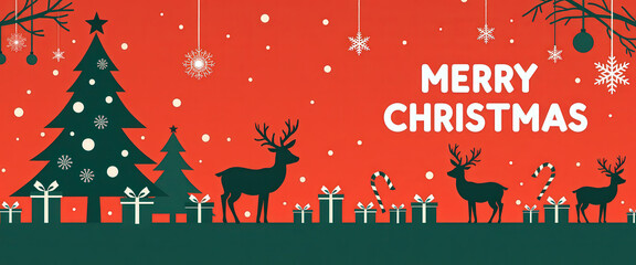 Merry Christmas Background with Reindeer, Gifts, and Snowflakes  Festive Red Holiday Scene