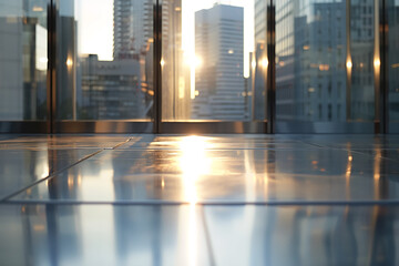 Modern Urban Interior with Golden Hour Sunlight Reflecting on Polished Floor Tiles and City View