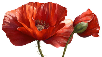 Red poppy with partially folded on white background 