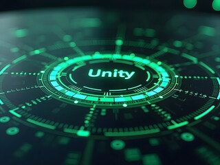 Green digital interface displays the word Unity in a futuristic circular design, horizontal composition. This vibrant technology background showcases glowing concentric circles and intricate details.
