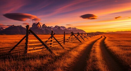Majestic Mountain Range at Sunset with Rustic Fence and Winding Path