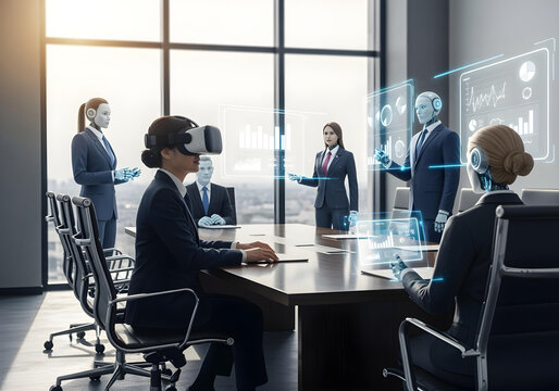 Businessman in VR headset attending virtual meeting with holographic colleagues data charts and presentation screens for immersive corporate communication and teamwork - Powered by Adobe