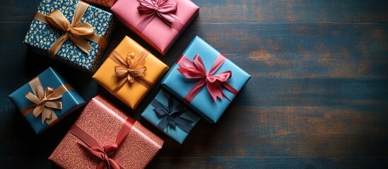Fototapeta premium Assorted wrapped gifts on a wooden surface.