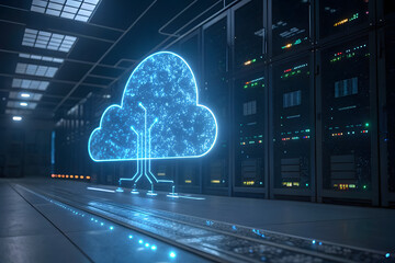 Modern data center environment with multiple server racks and a glowing digital cloud icon overlay, symbolizing cloud computing, data storage, and network infrastructure.