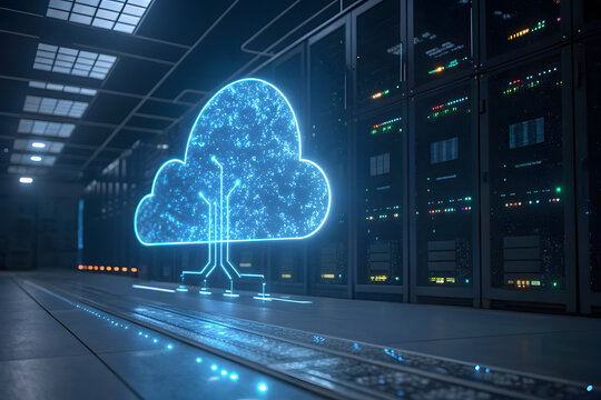 Modern data center environment with multiple server racks and a glowing digital cloud icon overlay, symbolizing cloud computing, data storage, and network infrastructure.