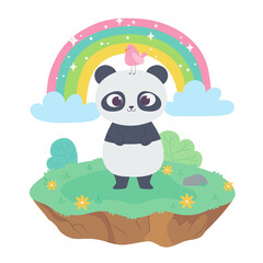 Naklejka premium Adorable panda standing on a grassy floating island with yellow flowers, under a vibrant rainbow with a pink bird perched on top. Includes fluffy clouds and green leaves, perfect for kids' art, nature