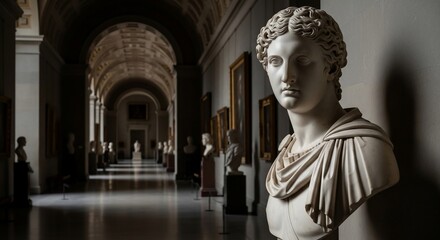 Marble Bust of a Woman in a Grand Museum Hallway with Paintings