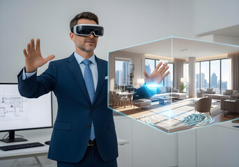 Businessman in blue suit using VR headset to interact with holographic 3D model of modern apartment interior for real estate visualization and architectural design concept