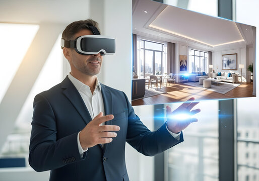 Businessman in blue suit using VR headset to interact with holographic 3D model of modern apartment interior for real estate visualization and architectural design concept