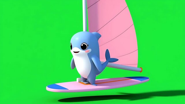 Adorable Cartoon Dolphin Windsurfing on Pink Sailboard, Green Screen