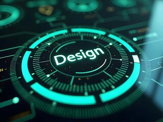 Futuristic teal and black design interface showcases the word Design in glowing white lettering, horizontal composition. The circular graphic features technological elements and a sophisticated color.
