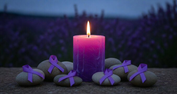  Lit Purple Candle and Awareness Ribbons in Lavender Field at Dusk