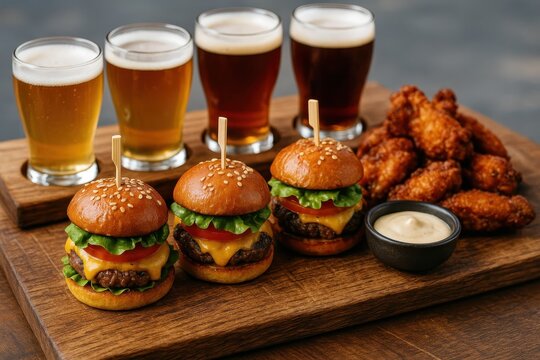 Gourmet street food platter with artisanal burgers and craft beer creating upscale casual dining atmosphere for food festival marketing content