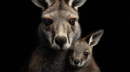 Fototapeta premium Close-up of a kangaroo mother and joey against black background