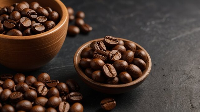 Coffee beans scattered on dark wooden surface highlighting rich brown tones and textures in a cozy atmosphere