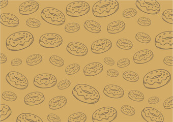 Seamless pattern of hand-drawn donuts with icing and sprinkles, illustrated in outline style on a warm mustard-yellow background.