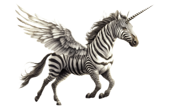 A zebra as a mythological pegasu on white background,png