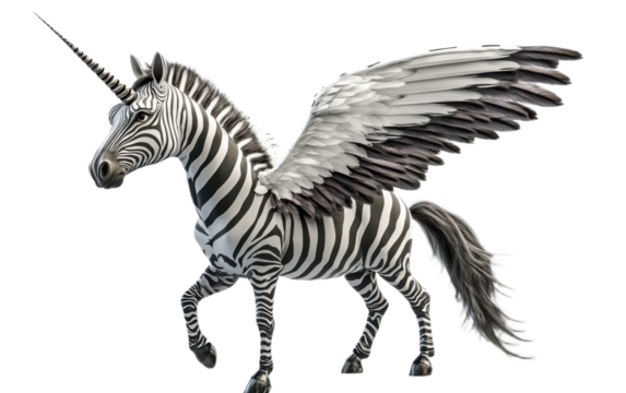 A zebra as a mythological pegasu on white background,png
