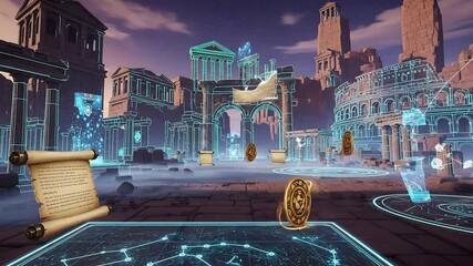 Virtual reality digital cityscape with holographic ancient ruins and glowing cryptocurrency coins - Powered by Adobe
