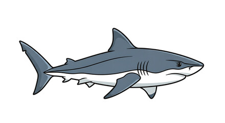 Fototapeta premium A fierce great white shark illustrated in a clean cartoon style, shown in a side profile view.