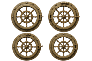 Collection of Four Vintage Steampunk Portholes with Nautical Ship Wheels and Riveted Metal Frames