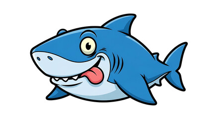 A funny blue cartoon shark character with a big smile and tongue sticking out.
