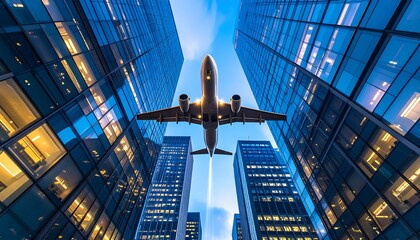 Airplane Flying Over City Buildings with Blue Sky View