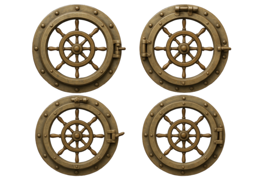 Collection of Four Vintage Steampunk Portholes with Nautical Ship Wheels and Riveted Metal Frames