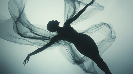 Silhouette of a woman gracefully floating with flowing sheer fabric, evoking freedom, elegance, and ethereal movement.