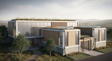 Obraz premium Modern Sustainable Architecture with Green Roof and Solar Panels in a Hilly Landscape