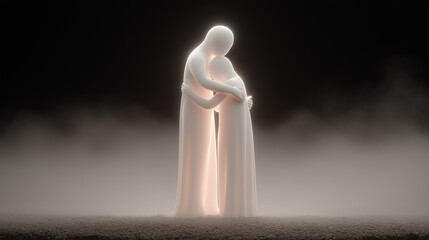 Minimalist glowing figures embracing in a soft misty environment, symbolizing love, comfort, compassion, and emotional connection.
