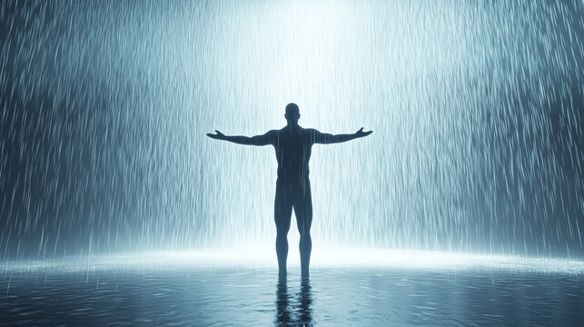 Silhouette of a person standing with open arms under a stream of cascading light and water, evoking strength, freedom, and emotional release.