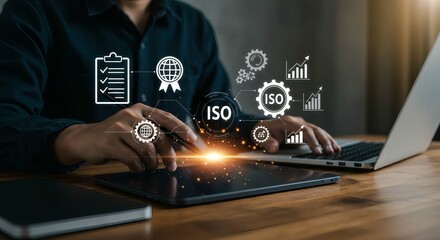 ISO Certification and Quality Management in Digital Workflow: Person Using Stylus on Tablet with Floating Icons for Checklist, Award Ribbon, Gears, and Growth Graphs