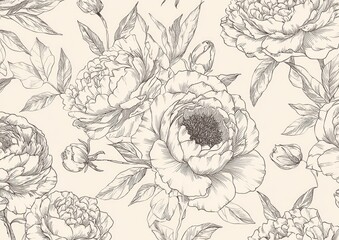 Elegant, detailed peony floral pattern on a light beige background