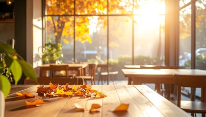 Autumn Leaves on Table in Sunny Cafe Setting Fall Season