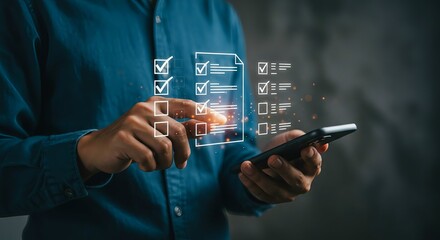 Augmented Reality Task Management Using Smartphone: Person in Blue Shirt Interacting with Floating Digital Checklist in Dark Tech-Inspired Workspace