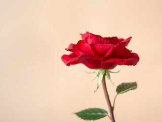 close up single red rose with soft background blur.