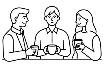 Three people in simple line art style holding cups and smiling illustration group