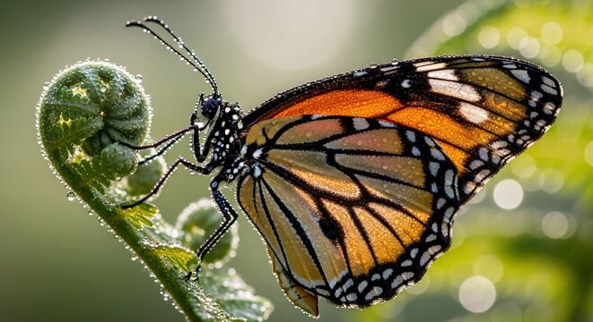Monarch butterfly with dew drops on a fern frond in soft morning light - Powered by Adobe