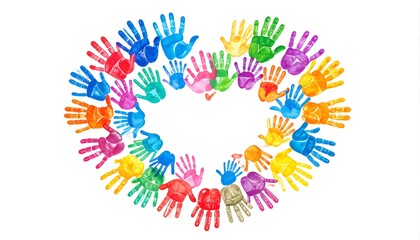 Colorful handprints form a heart shape.