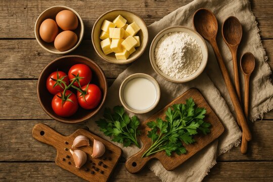 Rustic farm kitchen ingredients spread with vintage utensils creating authentic country cooking scene for farm-to-table restaurant branding