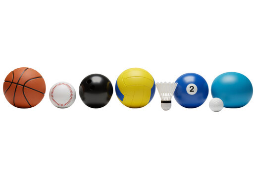Diverse Assortment of Sports Balls and Equipment on a White Background